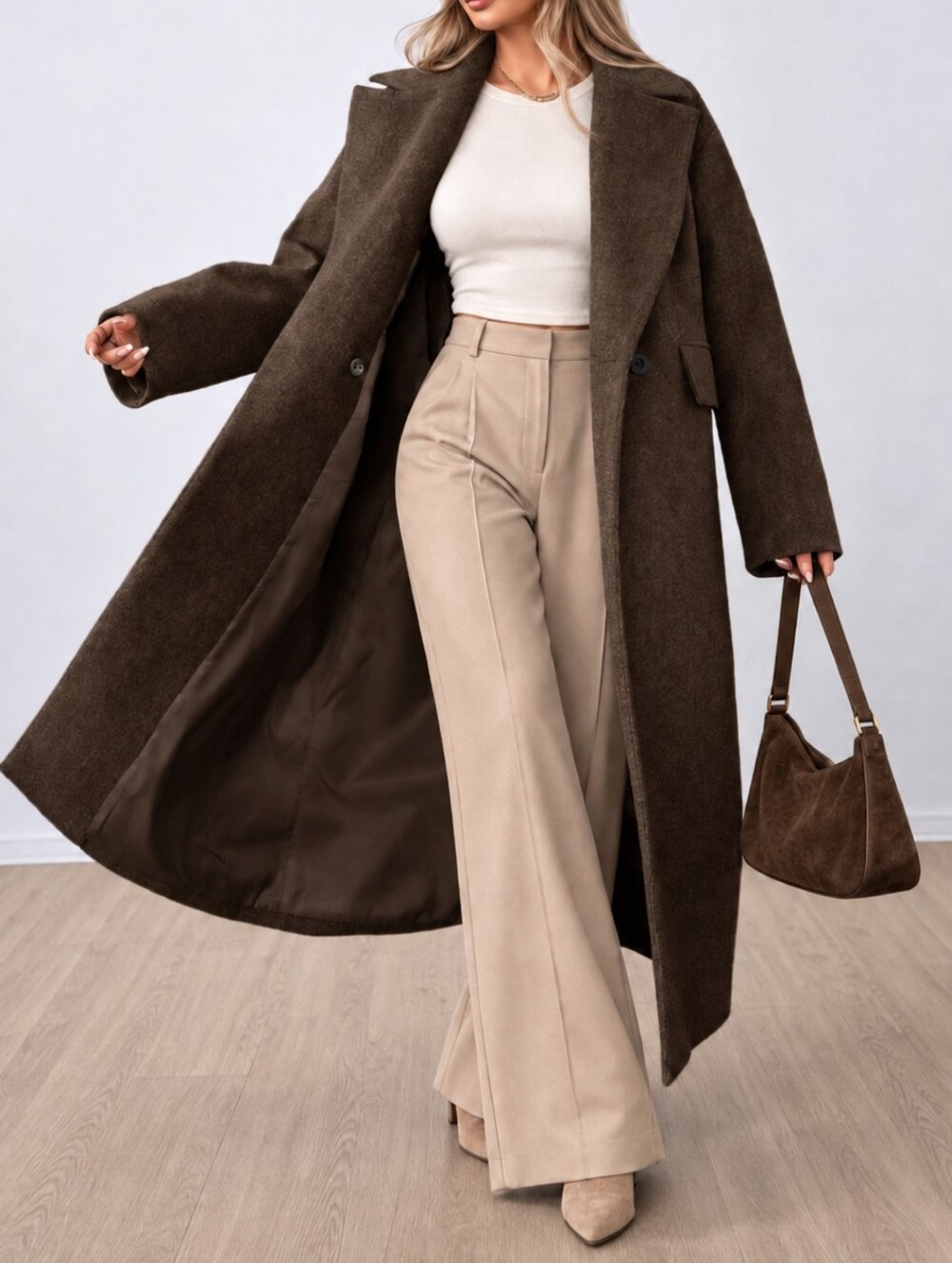 New Oversized Double Breasted Long Coat Jacket Brown